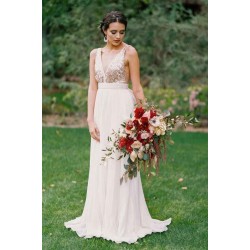 Plunging Neck Sequined Open Back Sleeveless Bowknot Long Summer Beach Wedding Dresses