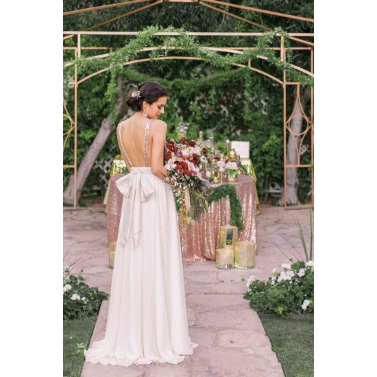 Plunging Neck Sequined Open Back Sleeveless Bowknot Long Summer Beach Wedding Dresses