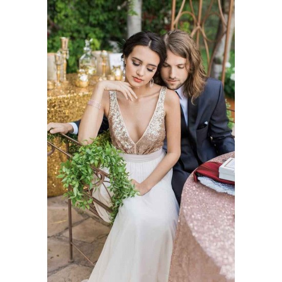 Plunging Neck Sequined Open Back Sleeveless Bowknot Long Summer Beach Wedding Dresses