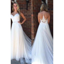 A Line Applique Court Train Sleeveless Tulle Scoop Wedding Dresses