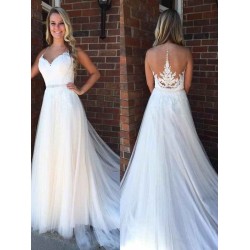 A Line Applique Court Train Sleeveless Tulle Scoop Wedding Dresses