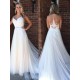 A Line Applique Court Train Sleeveless Tulle Scoop Wedding Dresses