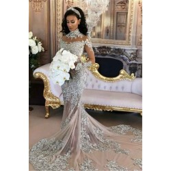 Long Sleeves Silver High Neck Popular Evening Dress Lace Mermaid Luxurious Wedding Dresses