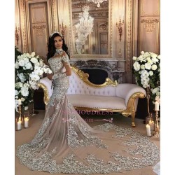 Long Sleeves Silver High Neck Popular Evening Dress Lace Mermaid Luxurious Wedding Dresses