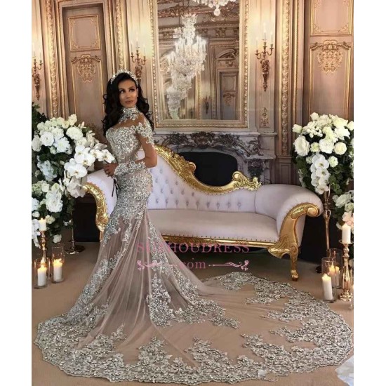 Long Sleeves Silver High Neck Popular Evening Dress Lace Mermaid Luxurious Wedding Dresses