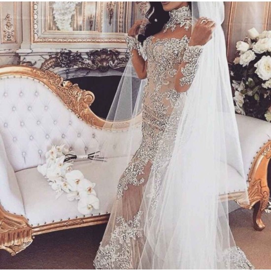 Long Sleeves Silver High Neck Popular Evening Dress Lace Mermaid Luxurious Wedding Dresses