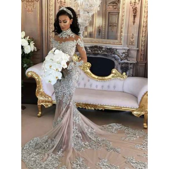 Long Sleeves Silver High Neck Popular Evening Dress Lace Mermaid Luxurious Wedding Dresses