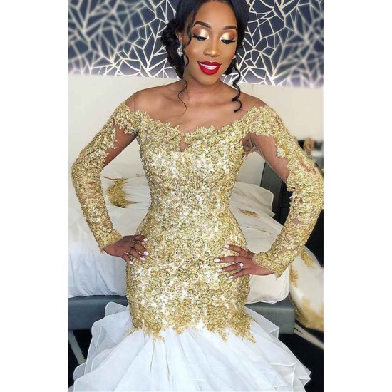 Delicate Gold Lace Long Sleeves Wedding Dress Mermaid Bridal Gown