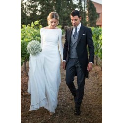 Classic White Bateau Long Sleevess Simple Wedding Dress