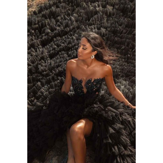 Black Beach Hi Lo Tulle Wedding Evening Gown Sleeveless lace
