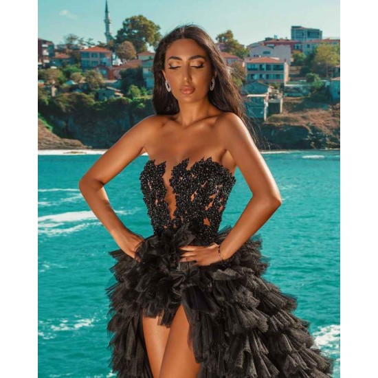 Black Beach Hi Lo Tulle Wedding Evening Gown Sleeveless lace