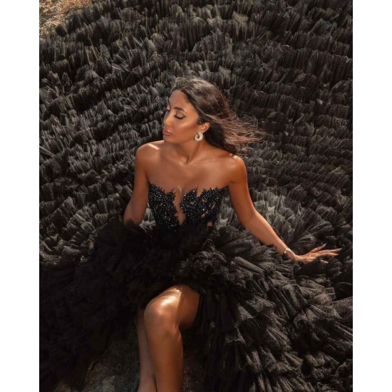Black Beach Hi Lo Tulle Wedding Evening Gown Sleeveless lace