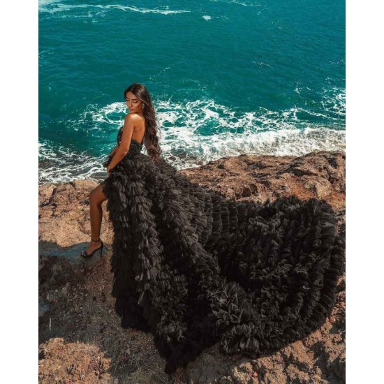 Black Beach Hi Lo Tulle Wedding Evening Gown Sleeveless lace