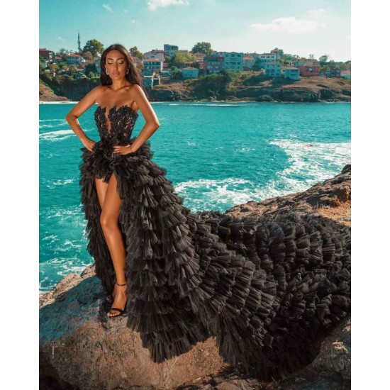 Black Beach Hi Lo Tulle Wedding Evening Gown Sleeveless lace