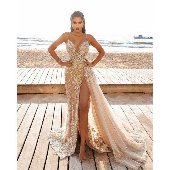 Modern Spaghetti Side Split Tulle Beach Wedding Dress