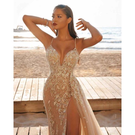 Modern Spaghetti Side Split Tulle Beach Wedding Dress