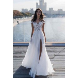 Off The Shoulder Appliques A line Wedding Dresses Side Split Tulle Bridal Gowns