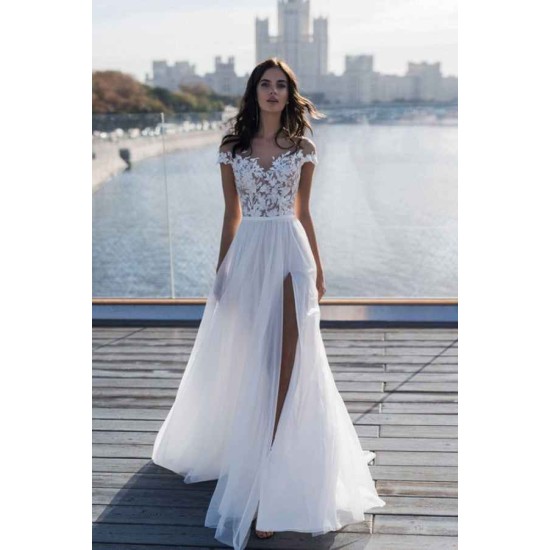 Off The Shoulder Appliques A line Wedding Dresses Side Split Tulle Bridal Gowns