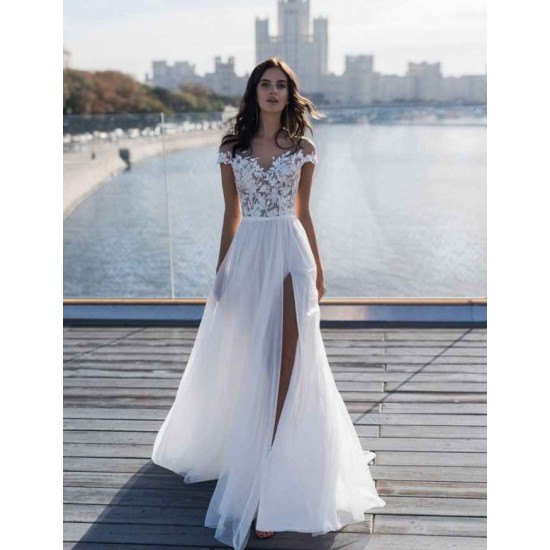 Off The Shoulder Appliques A line Wedding Dresses Side Split Tulle Bridal Gowns