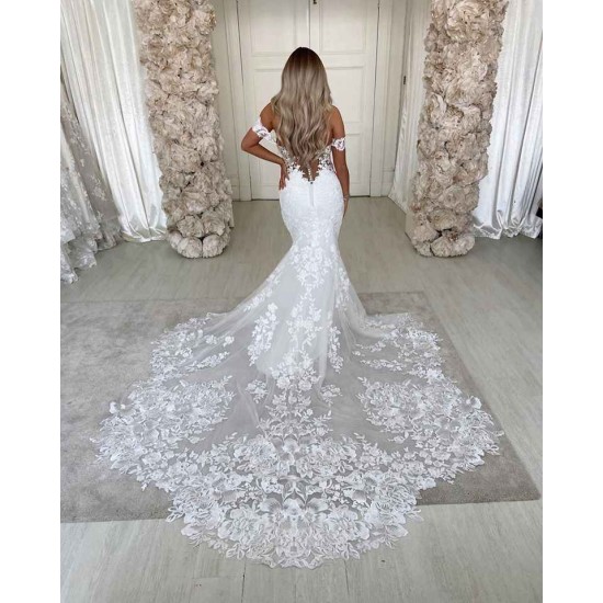 Off The Shoulder Mermaid Appliques Wedding Dresses Lace Backless Bridal Gowns