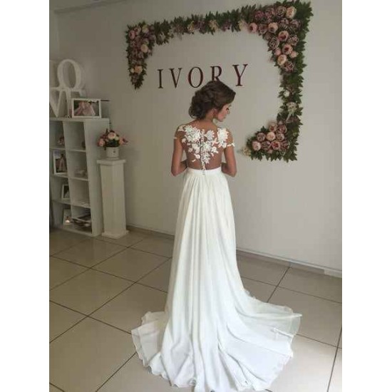 Classic Lace Appliques Wedding Dress Long Chiffon Split