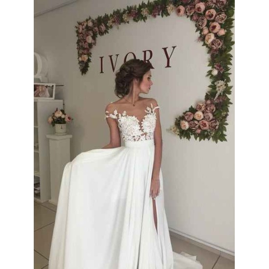 Classic Lace Appliques Wedding Dress Long Chiffon Split