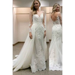 Simple Sheath Long Sleeves Tulle Appliques Open Back Wedding Dress