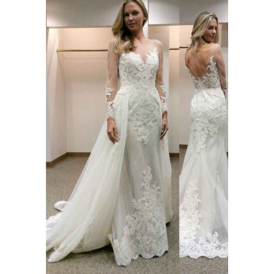 Simple Sheath Long Sleeves Tulle Appliques Open Back Wedding Dress