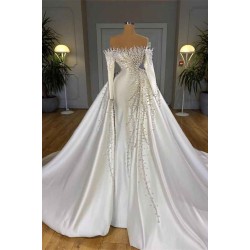 Off-the-Shoulder Long Sleeves Mermaid Wedding Dress Pearls With Detachable Train