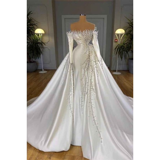 Off-the-Shoulder Long Sleeves Mermaid Wedding Dress Pearls With Detachable Train
