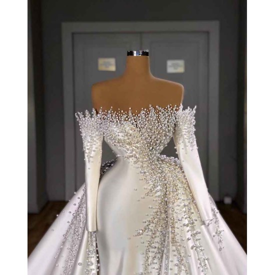 Off-the-Shoulder Long Sleeves Mermaid Wedding Dress Pearls With Detachable Train