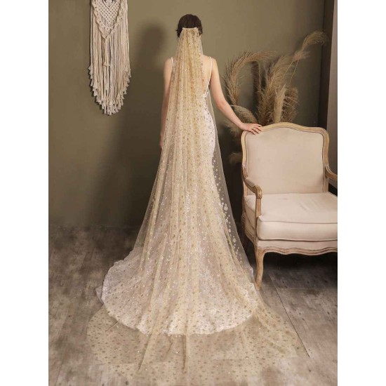 Champange Wedding Veil One-Tier Sequins Stars Tulle Finished Edge Waterfall Bridal Veils