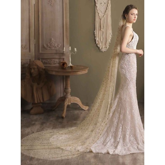 Champange Wedding Veil One-Tier Sequins Stars Tulle Finished Edge Waterfall Bridal Veils