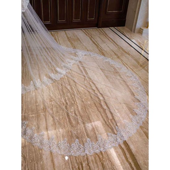 Ivory 2 Tier Long Cathedral Waterfall Lace Applique Wedding Veils