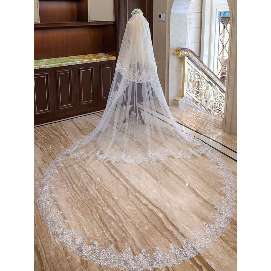 Ivory 2 Tier Long Cathedral Waterfall Lace Applique Wedding Veils