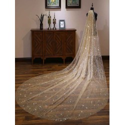 Gold Cathedral Lace Sparkling Waterfall One Tier Cut Edge Wedding Veils