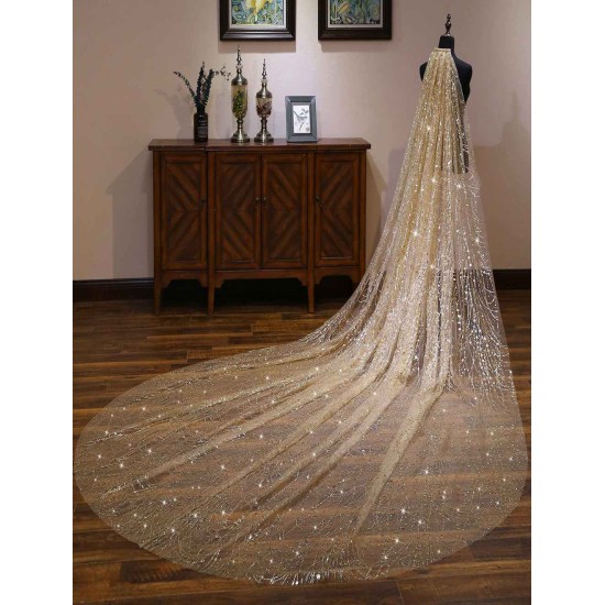 Gold Cathedral Lace Sparkling Waterfall One Tier Cut Edge Wedding Veils
