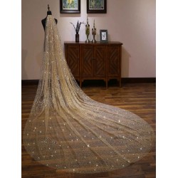 Gold Cathedral Lace Sparkling Waterfall One Tier Cut Edge Wedding Veils
