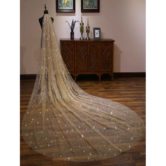 Gold Cathedral Lace Sparkling Waterfall One Tier Cut Edge Wedding Veils