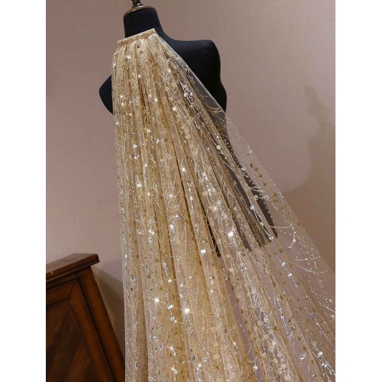 Gold Cathedral Lace Sparkling Waterfall One Tier Cut Edge Wedding Veils