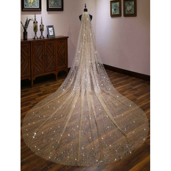 Gold Cathedral Lace Sparkling Waterfall One Tier Cut Edge Wedding Veils