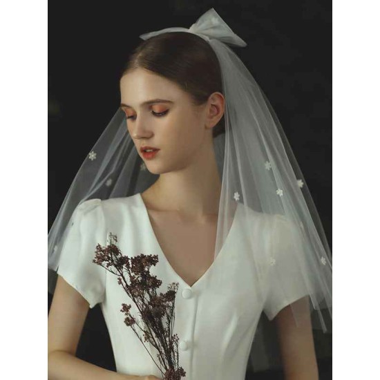 Ivory Two Tier Bows Tulle Cut Edge Drop Wedding Veils