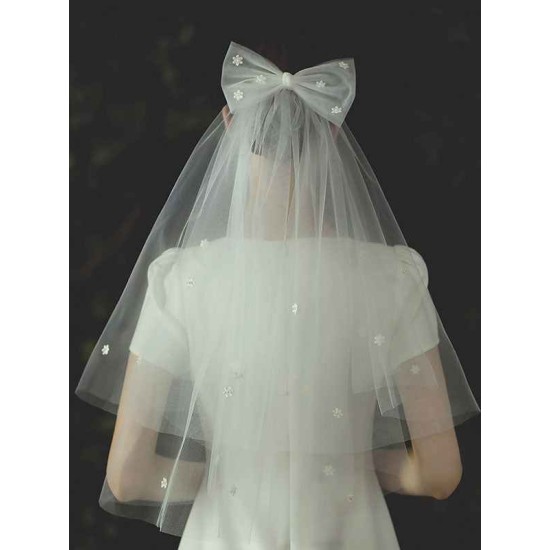 Ivory Two Tier Bows Tulle Cut Edge Drop Wedding Veils