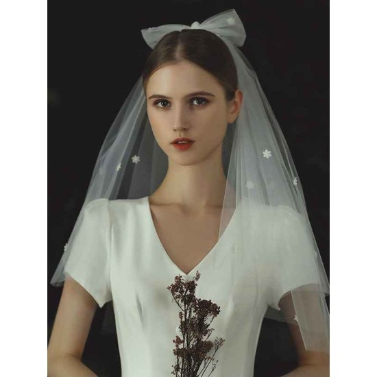 Ivory Two Tier Bows Tulle Cut Edge Drop Wedding Veils