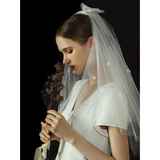 Ivory Two Tier Bows Tulle Cut Edge Drop Wedding Veils