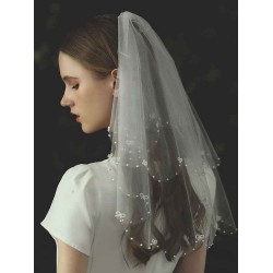 Ivory Two Tier Bows Tulle Finished Edge Drop Wedding Veils