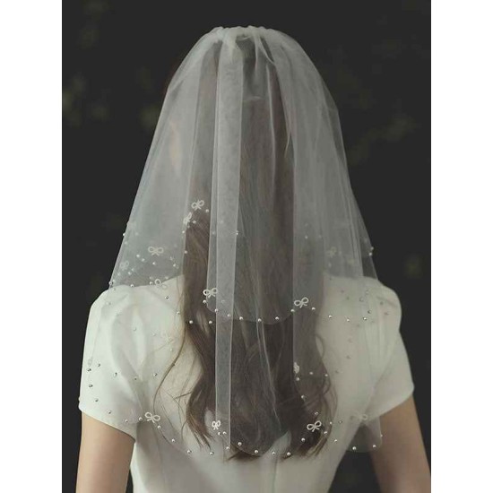 Ivory Two Tier Bows Tulle Finished Edge Drop Wedding Veils