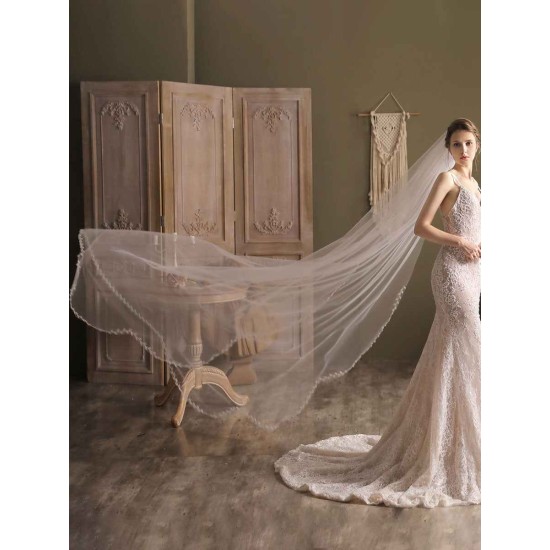 Ivory One-Tier Tulle Finished Edge Waterfall Long Wedding Veils