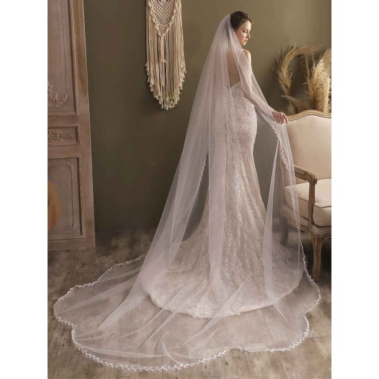 Ivory One-Tier Tulle Finished Edge Waterfall Long Wedding Veils