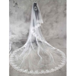 Cathedral White Lace Applique Edge Tulle Wedding Veil